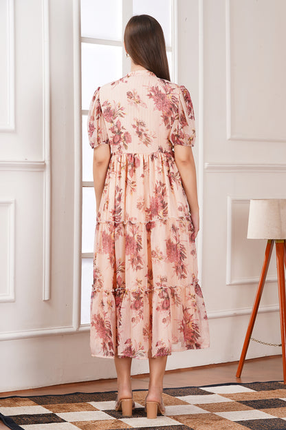 Peach Blossom Floral Midi Dress