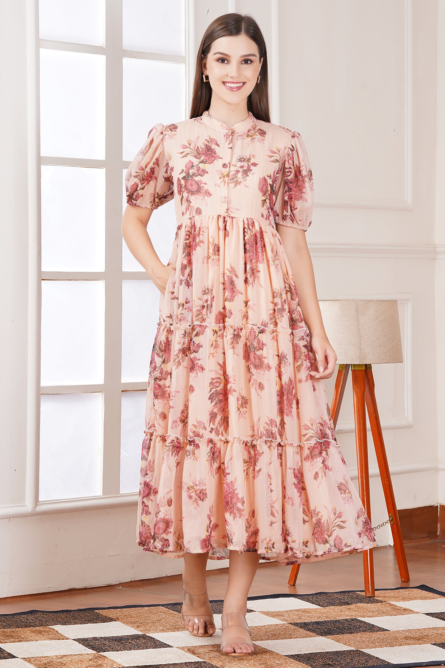 Peach Blossom Floral Midi Dress