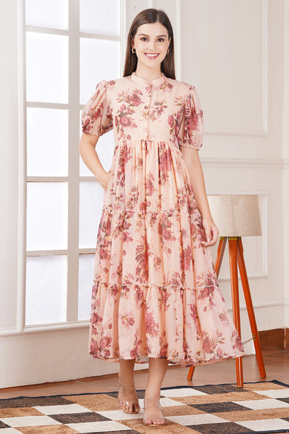 Peach Blossom Floral Midi Dress