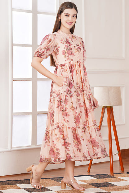 Peach Blossom Floral Midi Dress