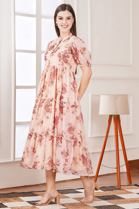 Peach Blossom Floral Midi Dress