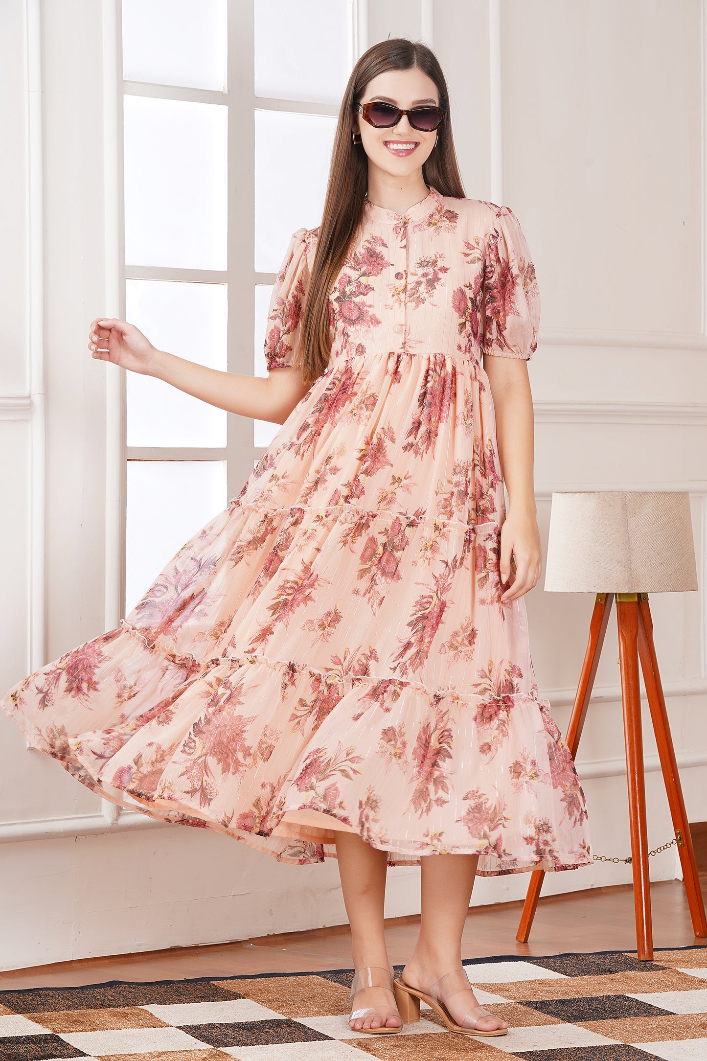 Peach Blossom Floral Midi Dress