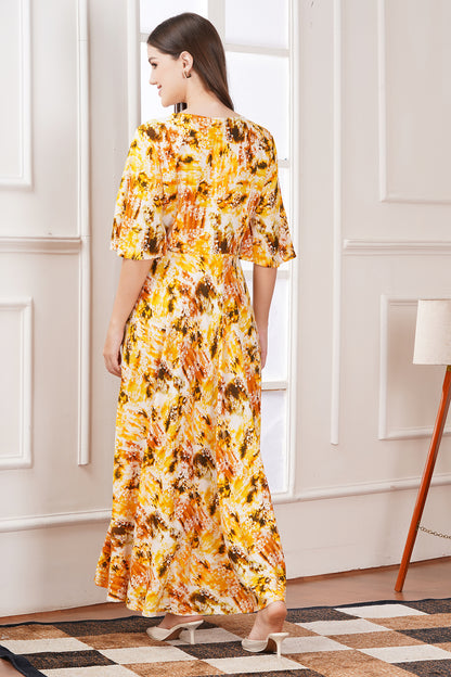 Yellow Floral Smocked Tiered Midi Dress