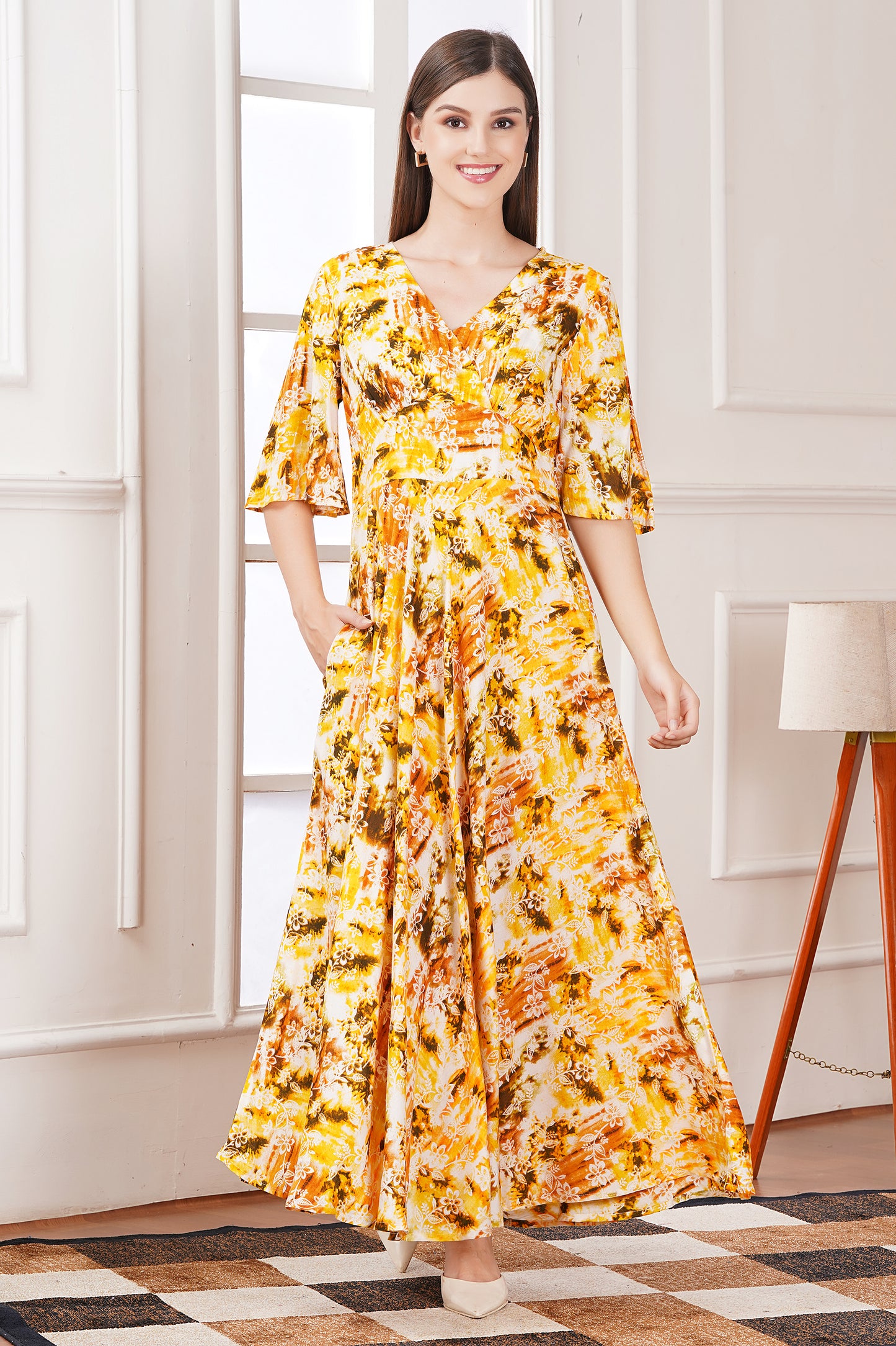 Yellow Floral Smocked Tiered Midi Dress