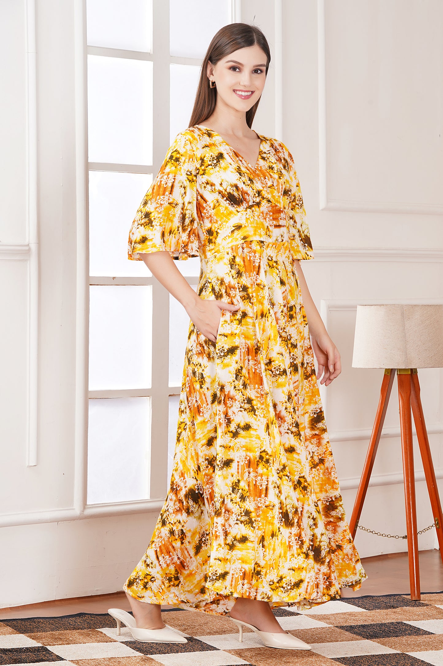 Yellow Floral Smocked Tiered Midi Dress
