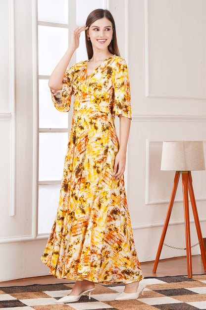 Yellow Floral Smocked Tiered Midi Dress