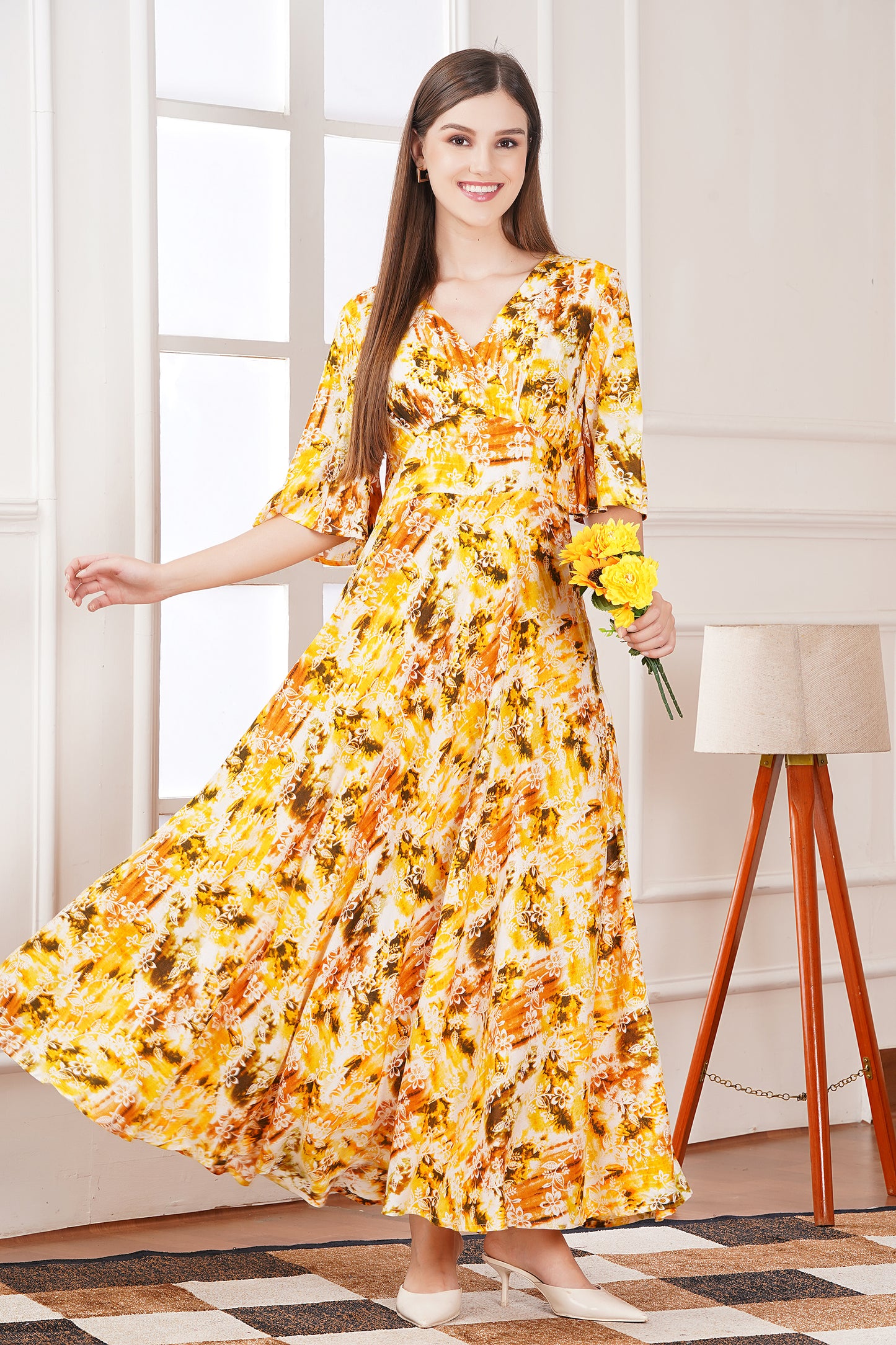 Yellow Floral Smocked Tiered Midi Dress
