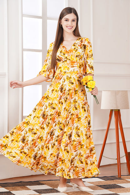 Yellow Floral Smocked Tiered Midi Dress