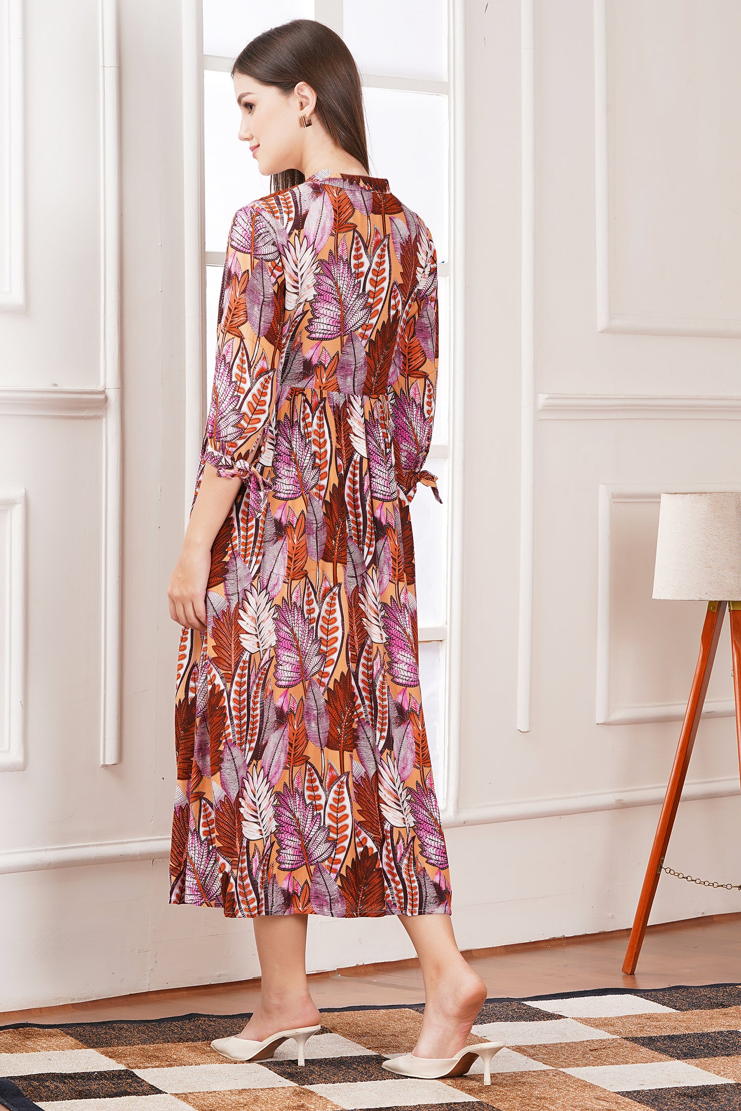 Autumn Leaf Print Midi Dress