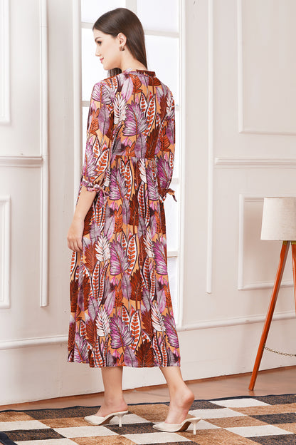 Autumn Leaf Print Midi Dress