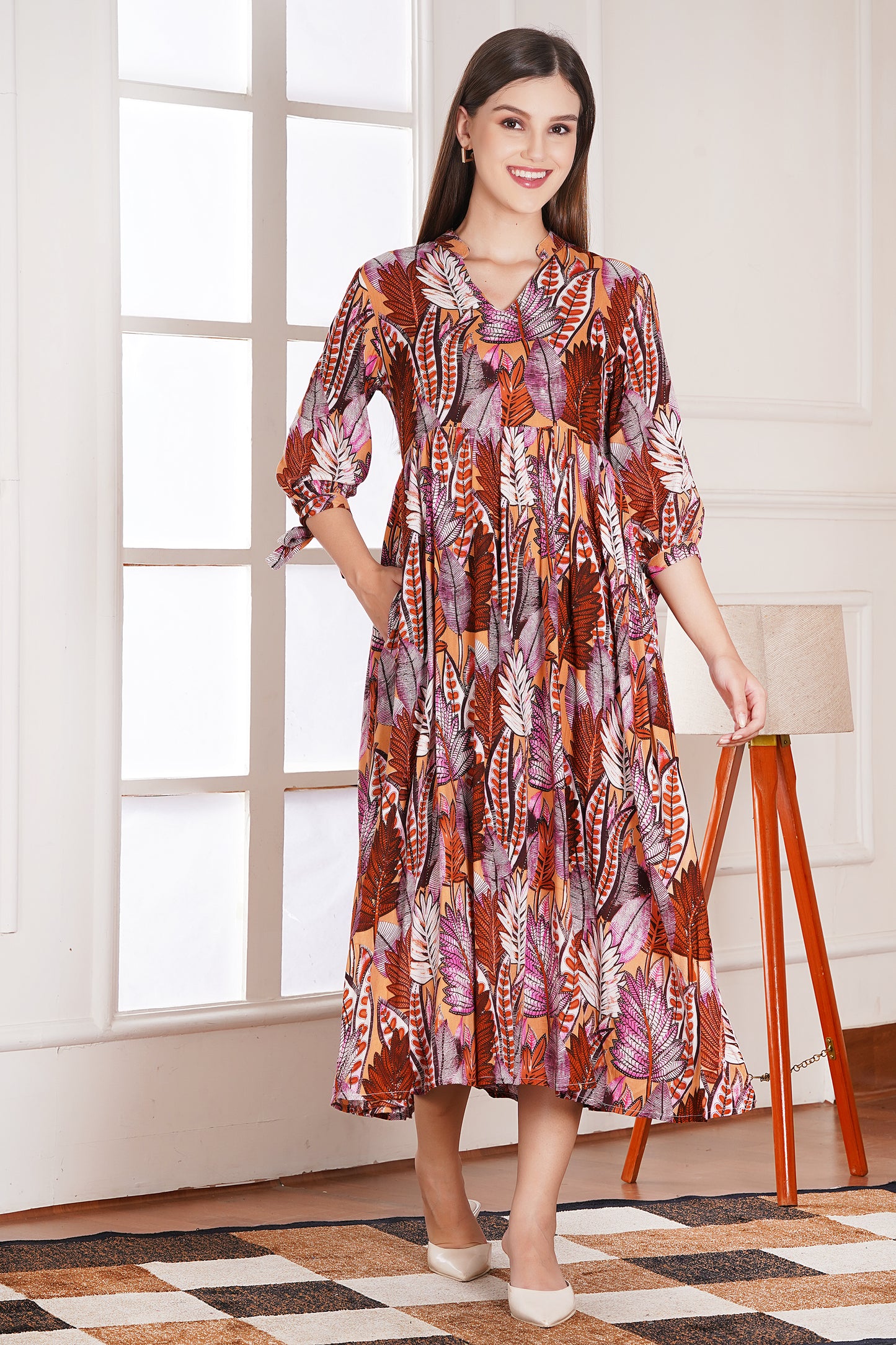 Autumn Leaf Print Midi Dress