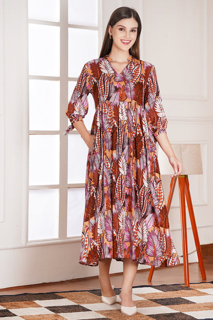 Autumn Leaf Print Midi Dress