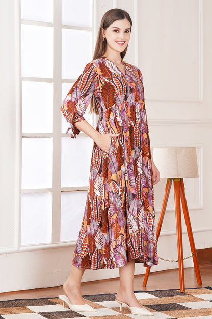 Autumn Leaf Print Midi Dress