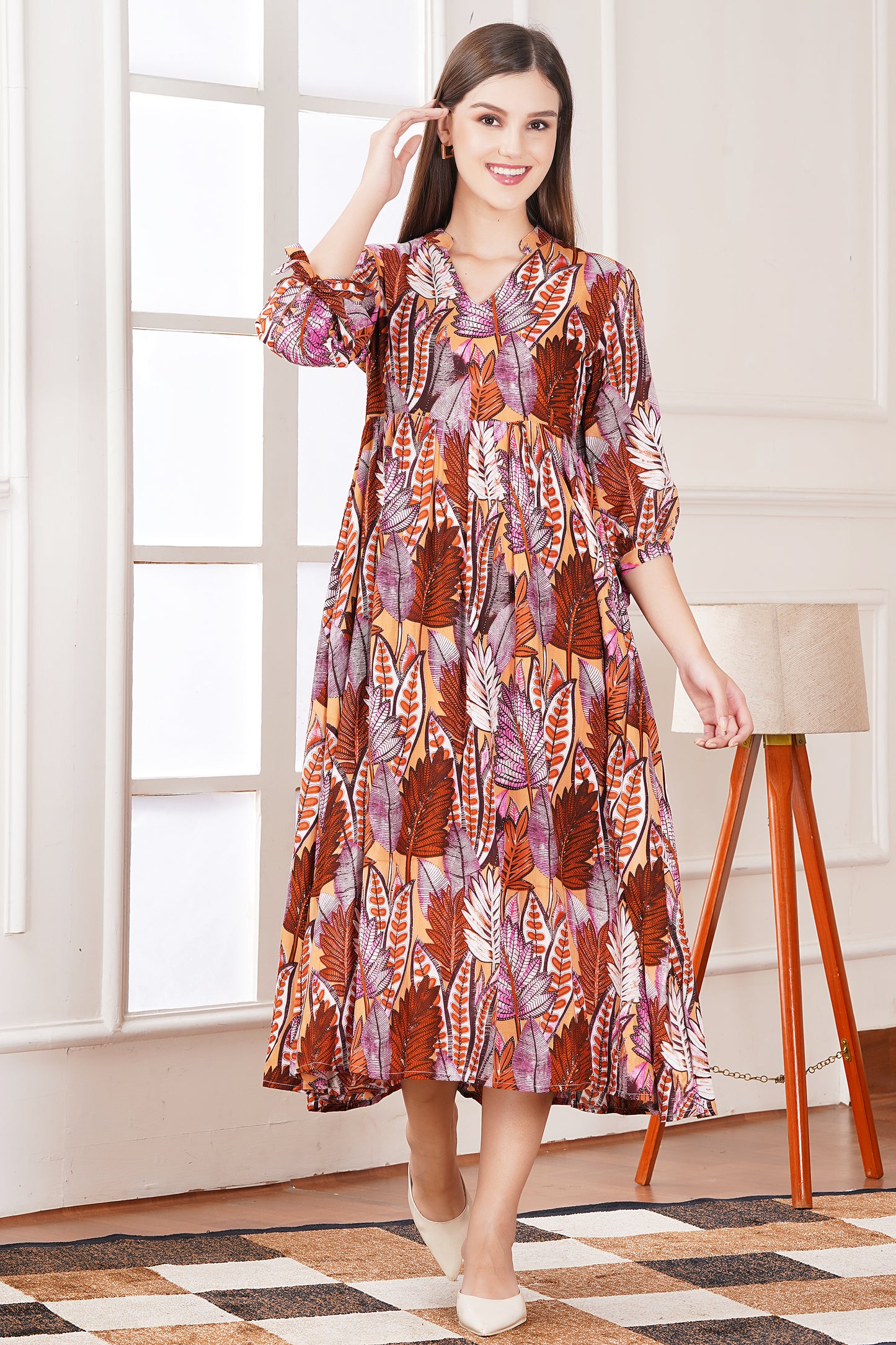 Autumn Leaf Print Midi Dress