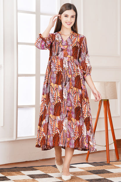 Autumn Leaf Print Midi Dress