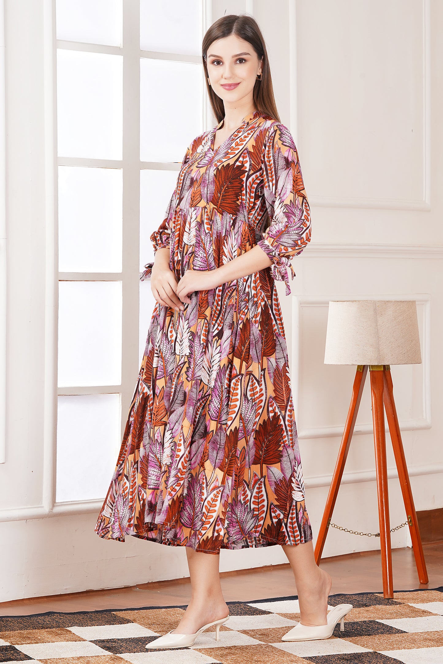 Autumn Leaf Print Midi Dress