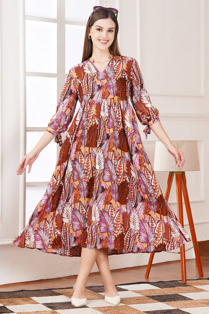 Autumn Leaf Print Midi Dress