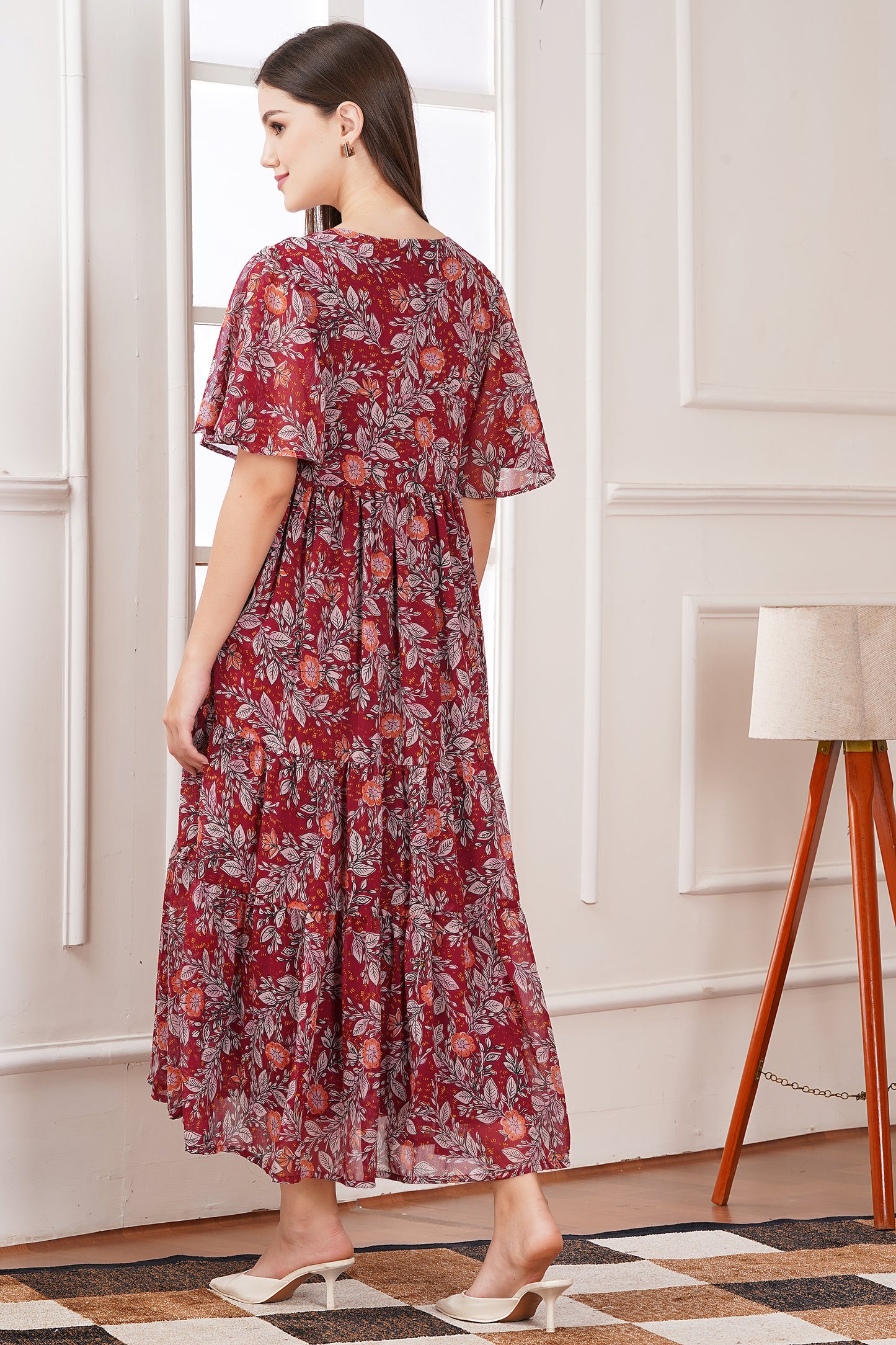 Red Smocked Tier Midi