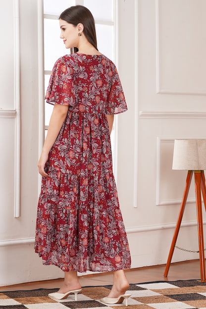 Red Smocked Tier Midi