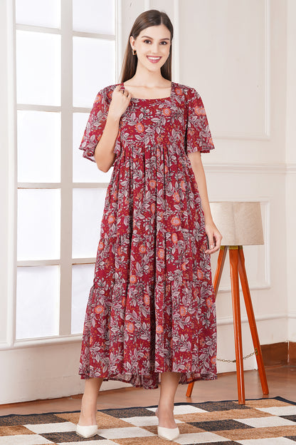 Red Smocked Tier Midi