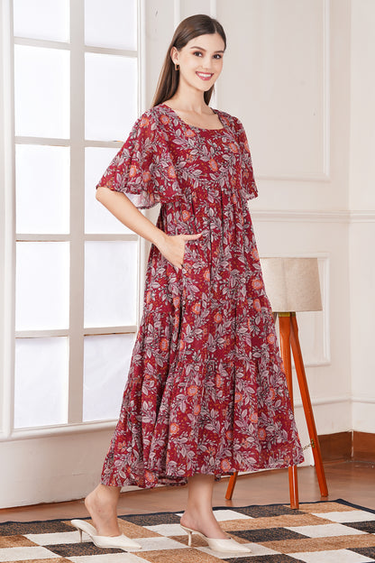 Red Smocked Tier Midi