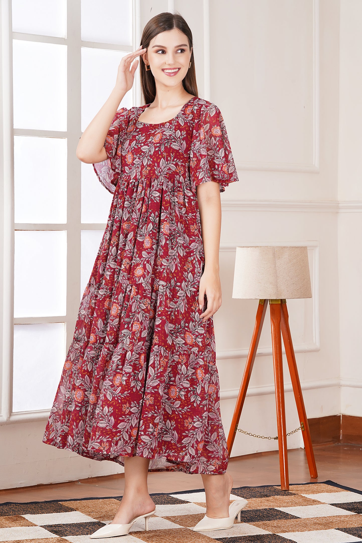 Red Smocked Tier Midi