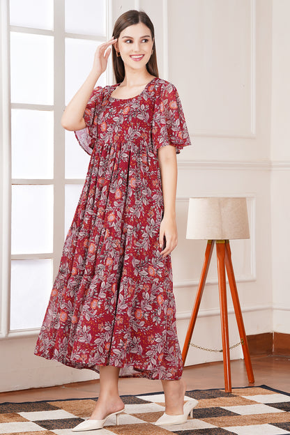 Red Smocked Tier Midi