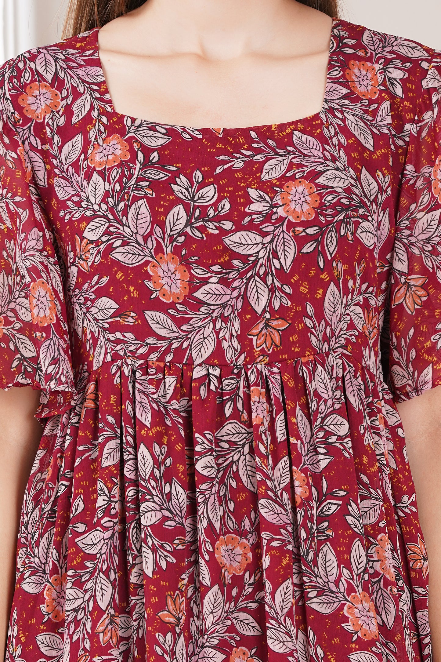 Red Smocked Tier Midi