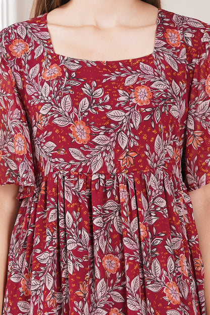 Red Smocked Tier Midi