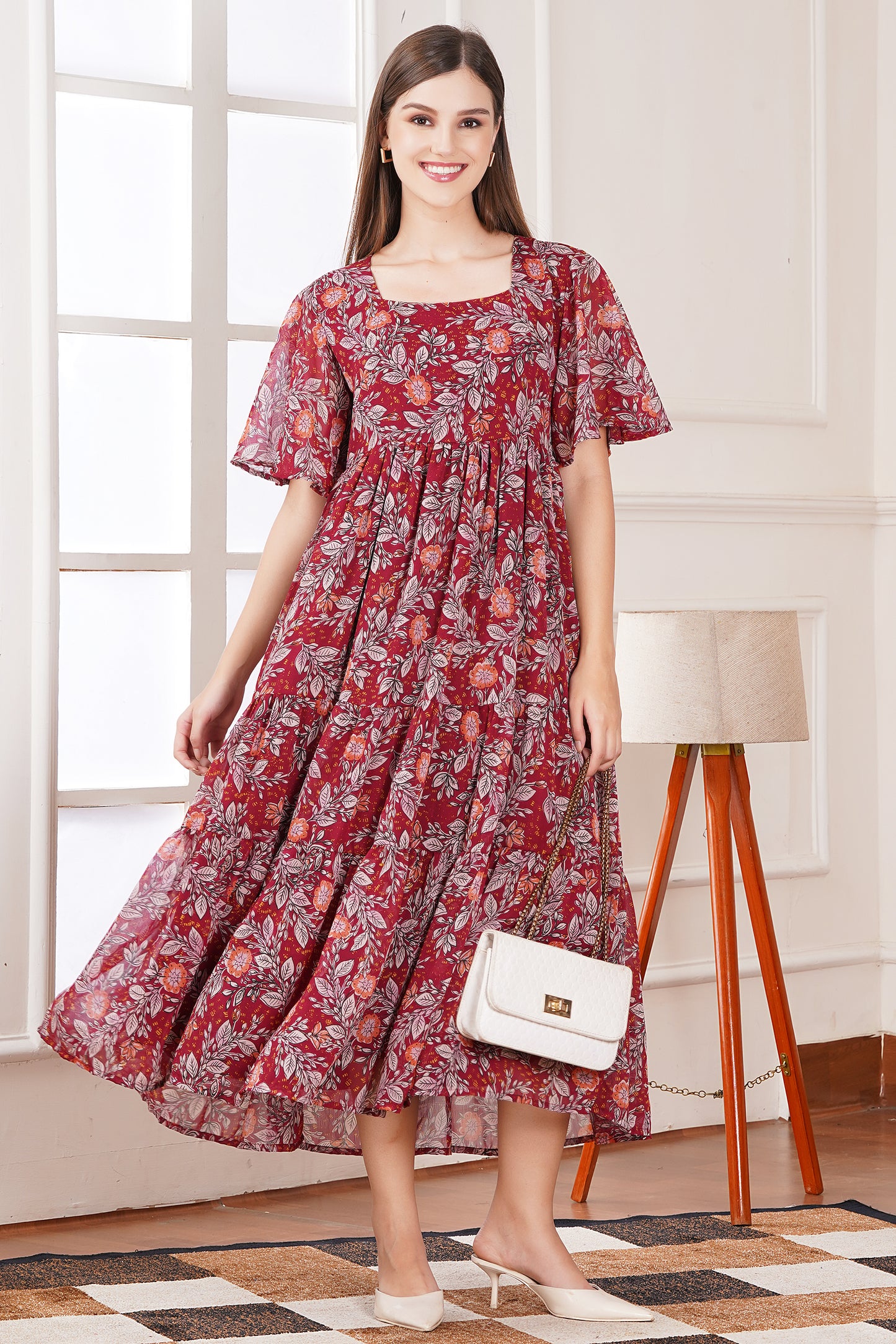 Red Smocked Tier Midi