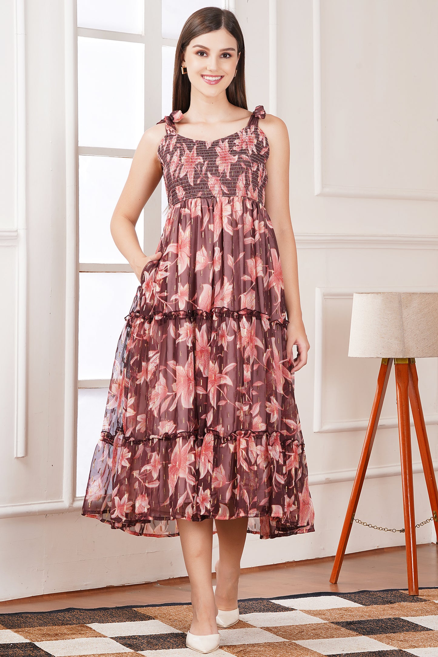 Brown Summer Floral Midi