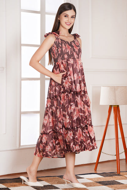 Brown Summer Floral Midi