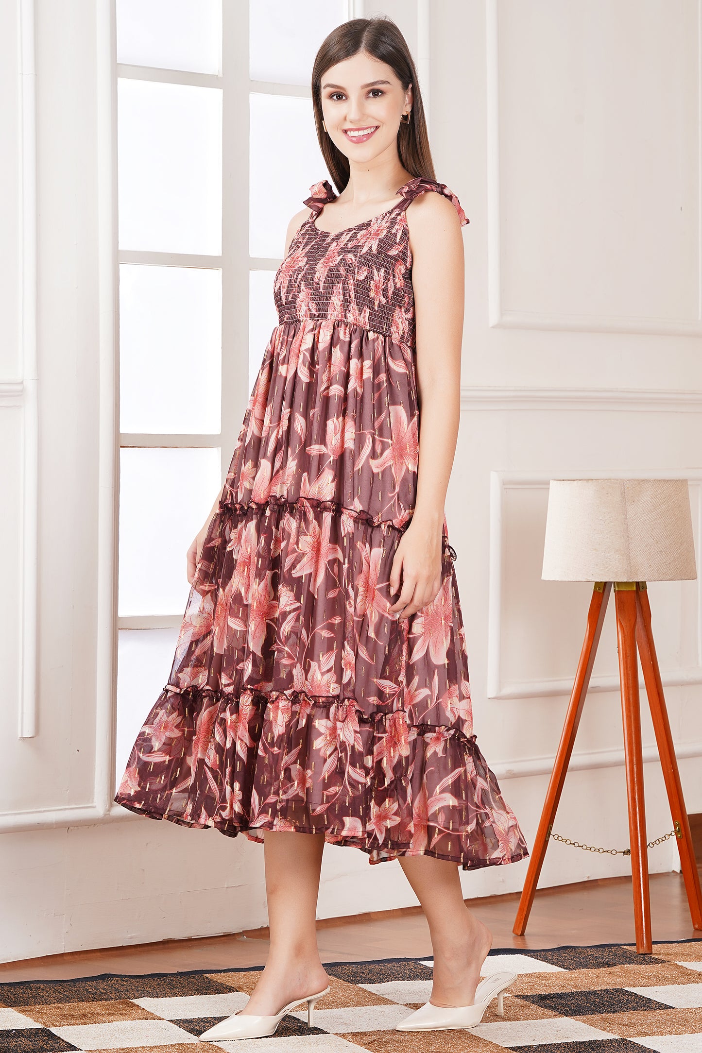Brown Summer Floral Midi