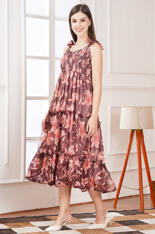 Brown Summer Floral Midi