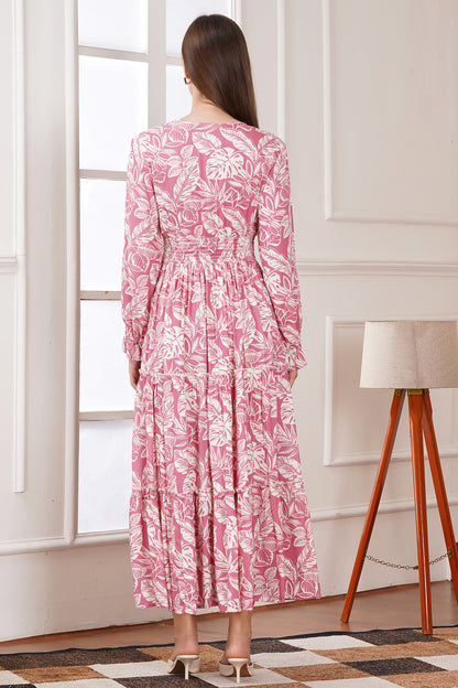 Pink Leaf Print Maxi