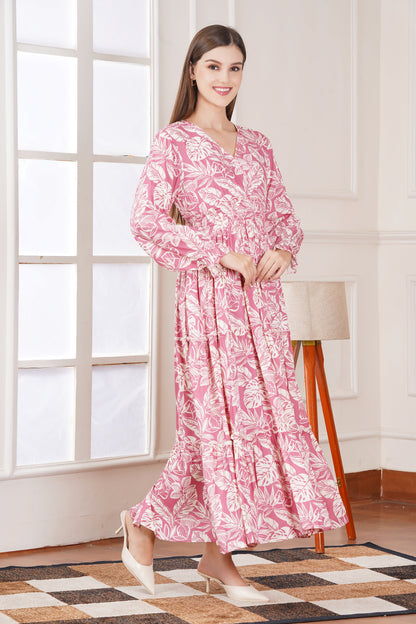 Pink Leaf Print Maxi