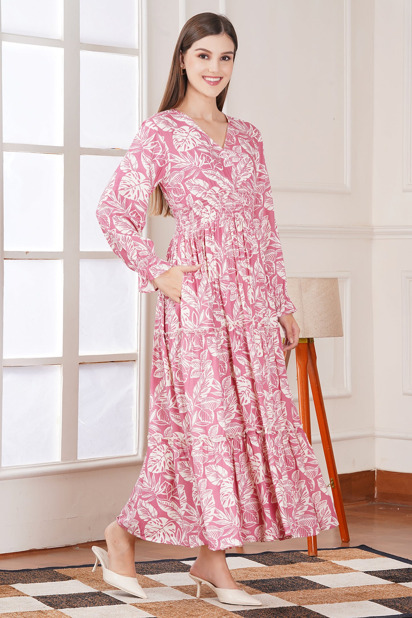 Pink Leaf Print Maxi
