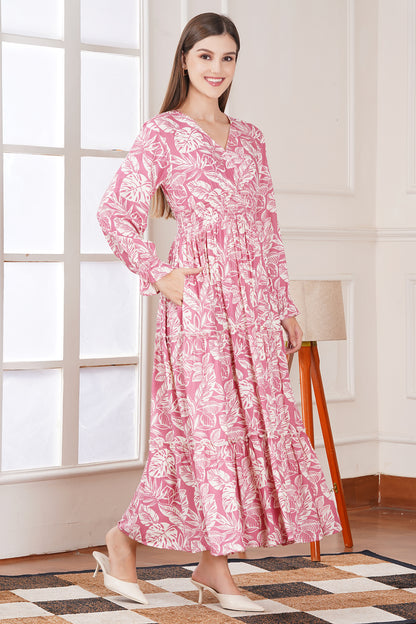 Pink Leaf Print Maxi