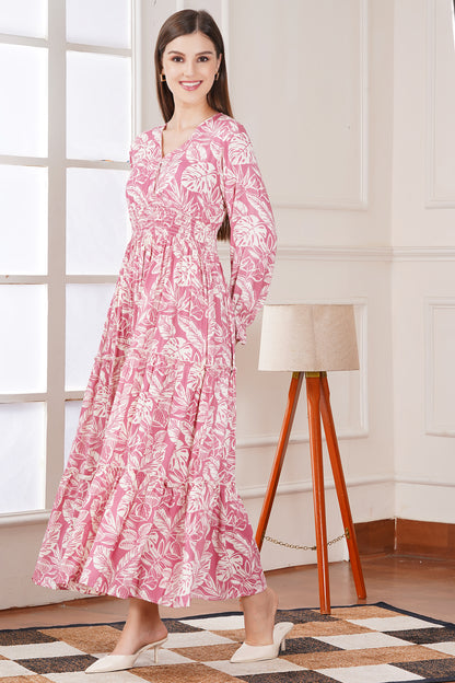 Pink Leaf Print Maxi