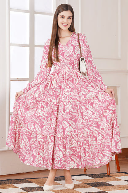 Pink Leaf Print Maxi