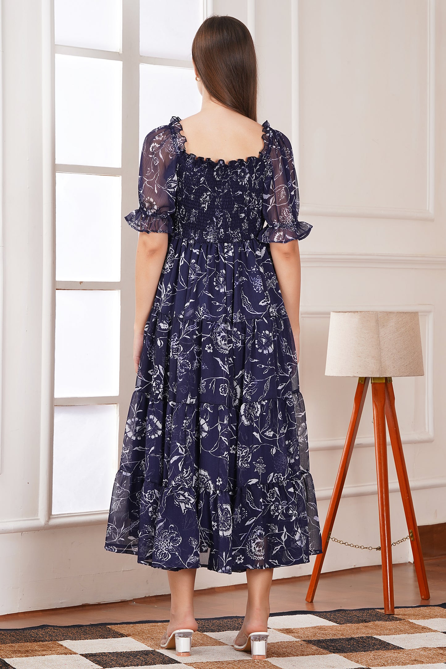 Navy Floral Smocked Midi Dress
