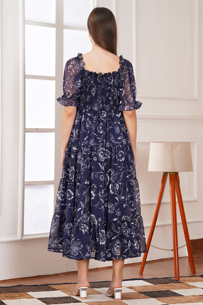 Navy Floral Smocked Midi Dress