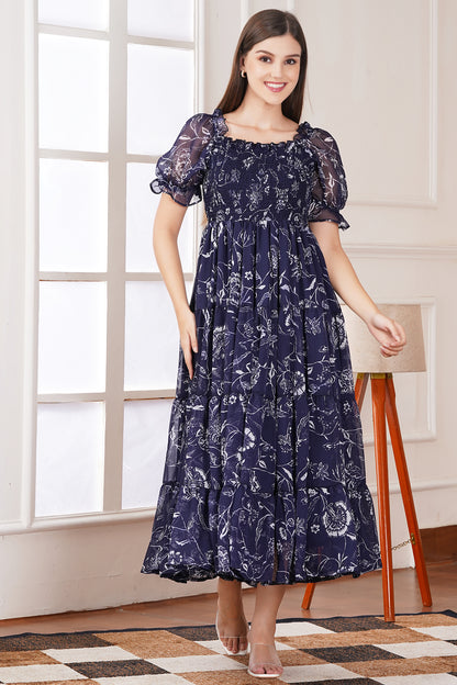Navy Floral Smocked Midi Dress