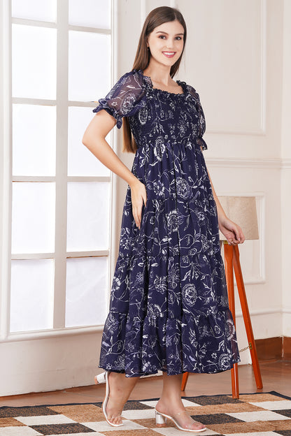 Navy Floral Smocked Midi Dress