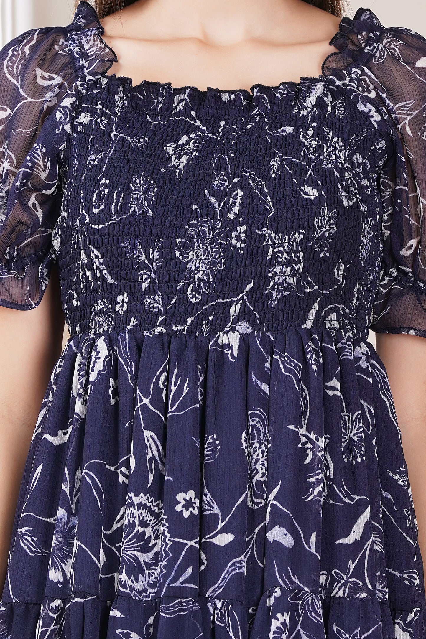 Navy Floral Smocked Midi Dress