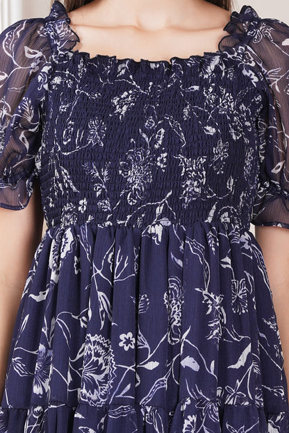 Navy Floral Smocked Midi Dress