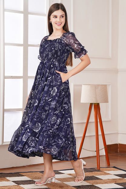 Navy Floral Smocked Midi Dress