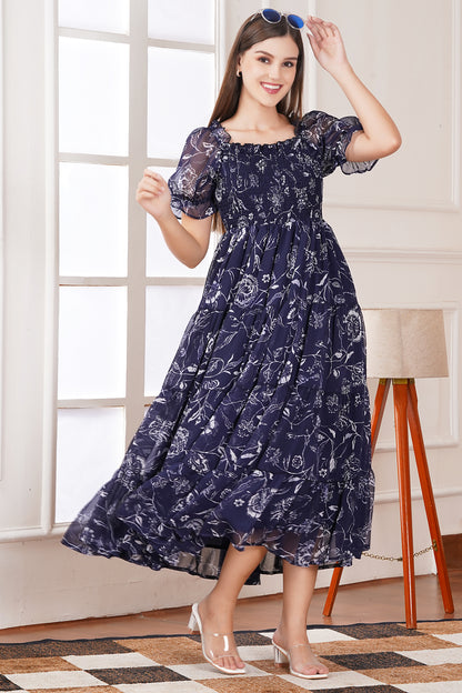 Navy Floral Smocked Midi Dress